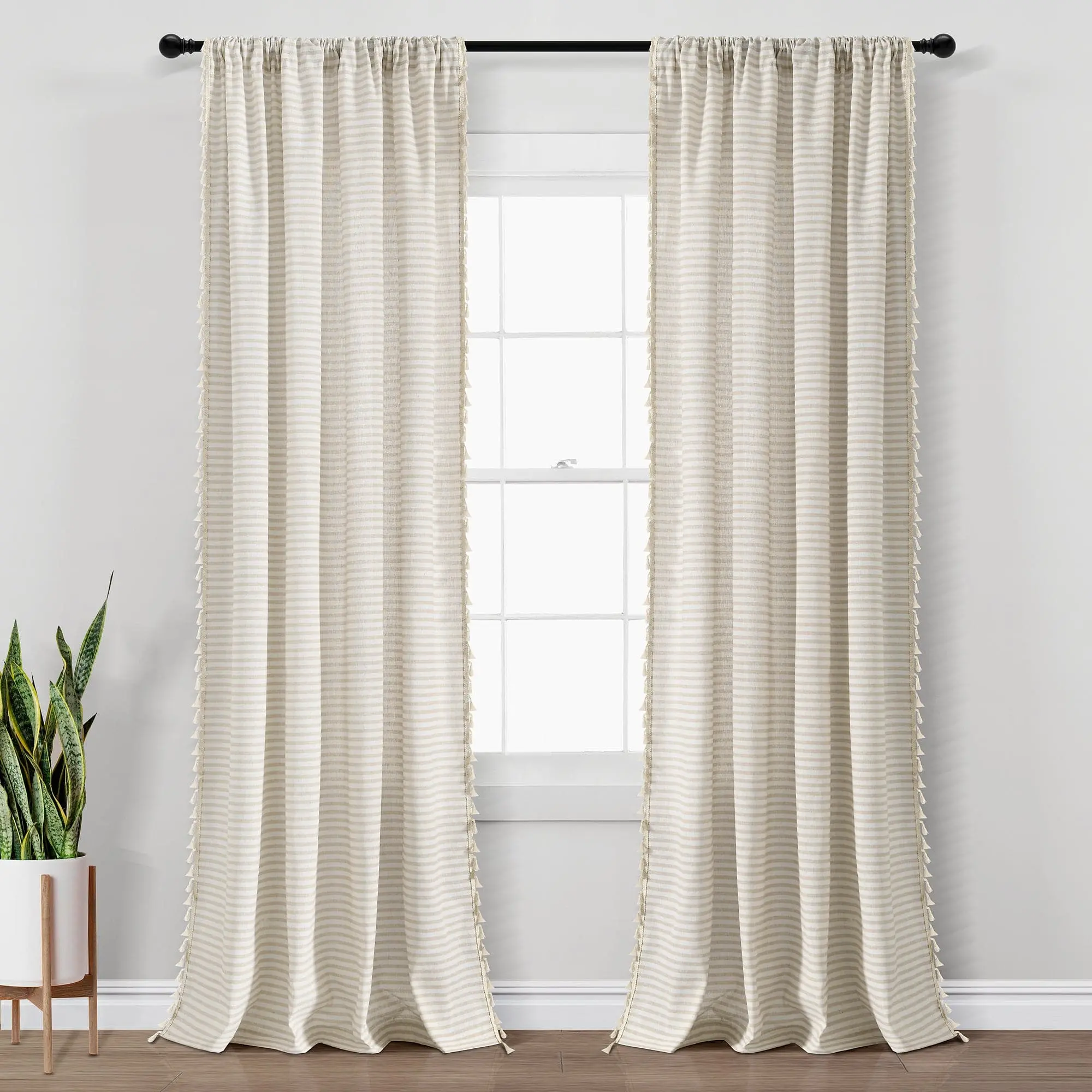 Lush Decor Boho Coastal Horizontal Ticking Stripe Faux Linen Window Curtain Panel Set (84x52in) with Textured Tassels, Tassel Decor Curtain for Relaxing Home - Shutter Blinds Compatible