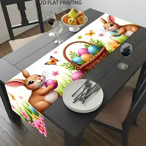 2D flat printing, 1 rabbit and Easter basket rectangular table flag, suitable for dining tables, coffee tables, home party decorations, bright cultural decorations in kitchens, parties, and festivals