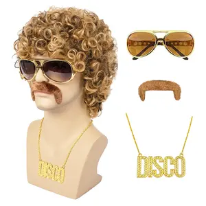 Disco Wig 5Pcs Set (Wig+ Glasses+ Necklace+ Mustache+ Wig Cap) 70'S Costumes Wig Afro Wig Men Short Curly Natural Fluffy Synthetic hair Wig for Halloween Disco Party