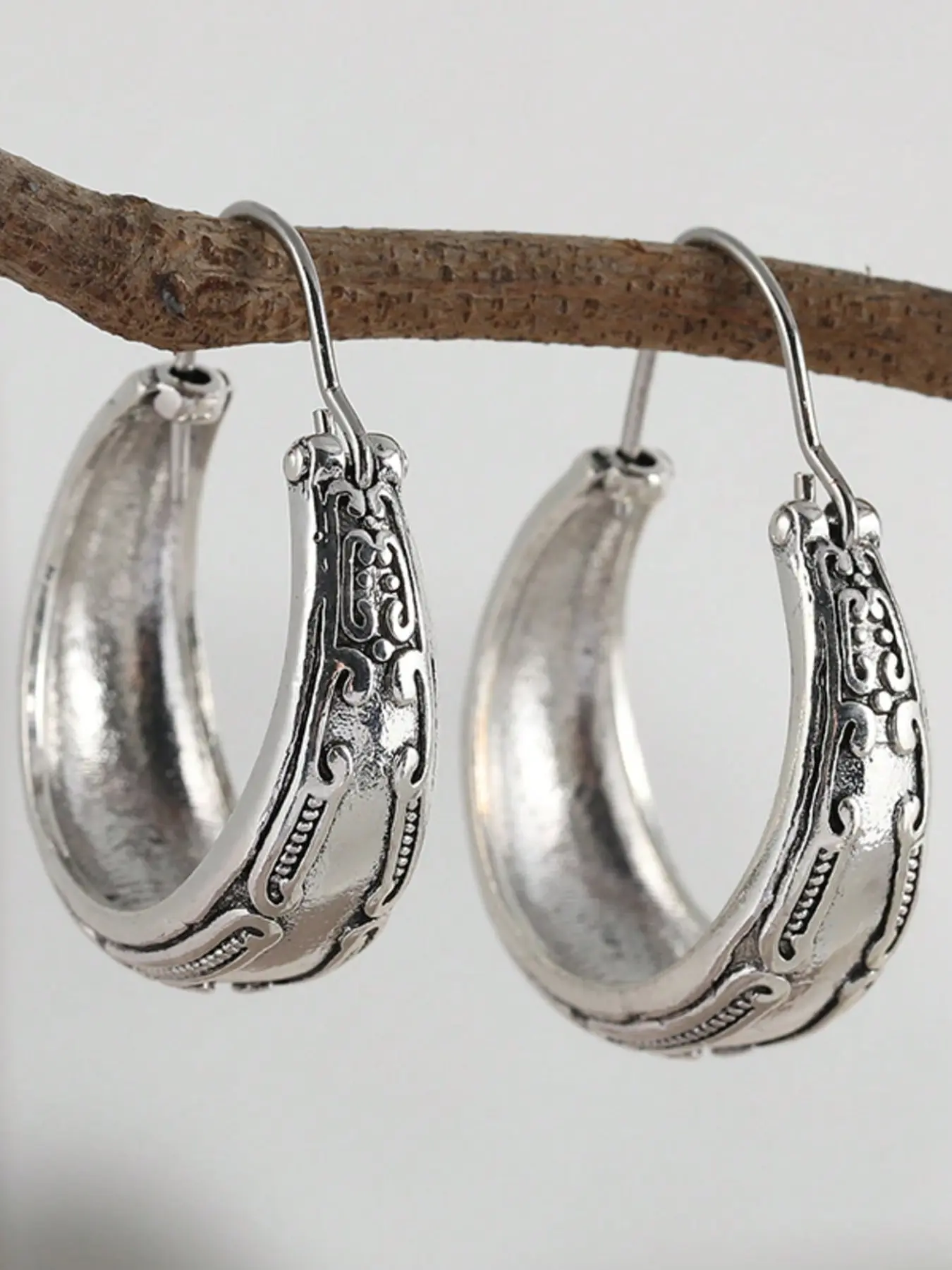 Bohemian Earrings, Silver Color Women's Earrings, Handmade Earrings, Gift for Her, Textured Silver Earrings, Fashion Jewelry, Stylish Jewelry, Hoop Shape Earrings, Fashionable Hoop Earrings, Hoops Shape Earrings
