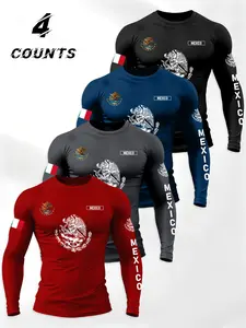 Men's Mexican Theme Letter Flag Long Sleeve Fitted T-Shirt 4 Pack, Round Neck, Multi-Functional Daily Wear, Durable Comfort Fit