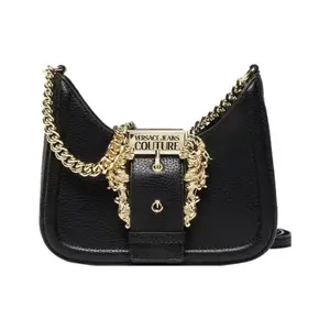Versace Jeans Couture Baroque-Engraved Logo Buckle Grain Leather Underarm Handbag Shoulder Bag For Women In Black