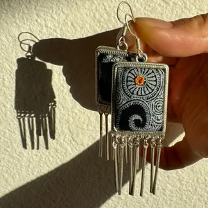 Boho Miao Ethnic Wax-Dye Earrings Long Drop Dangle Chandelier Tribal Spiral Bohemian Hypoallergenic Sterling Silver Festival Jewelry