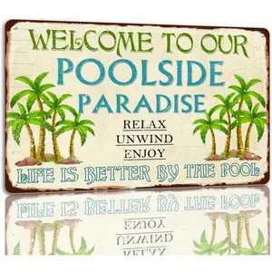 Poolside Paradise Vintage Metal Sign - 8x12 Inch - Outdoor Pool Deck Patio Decor - Funny Home Beach Wall Plaque - Life is Better by the Pool