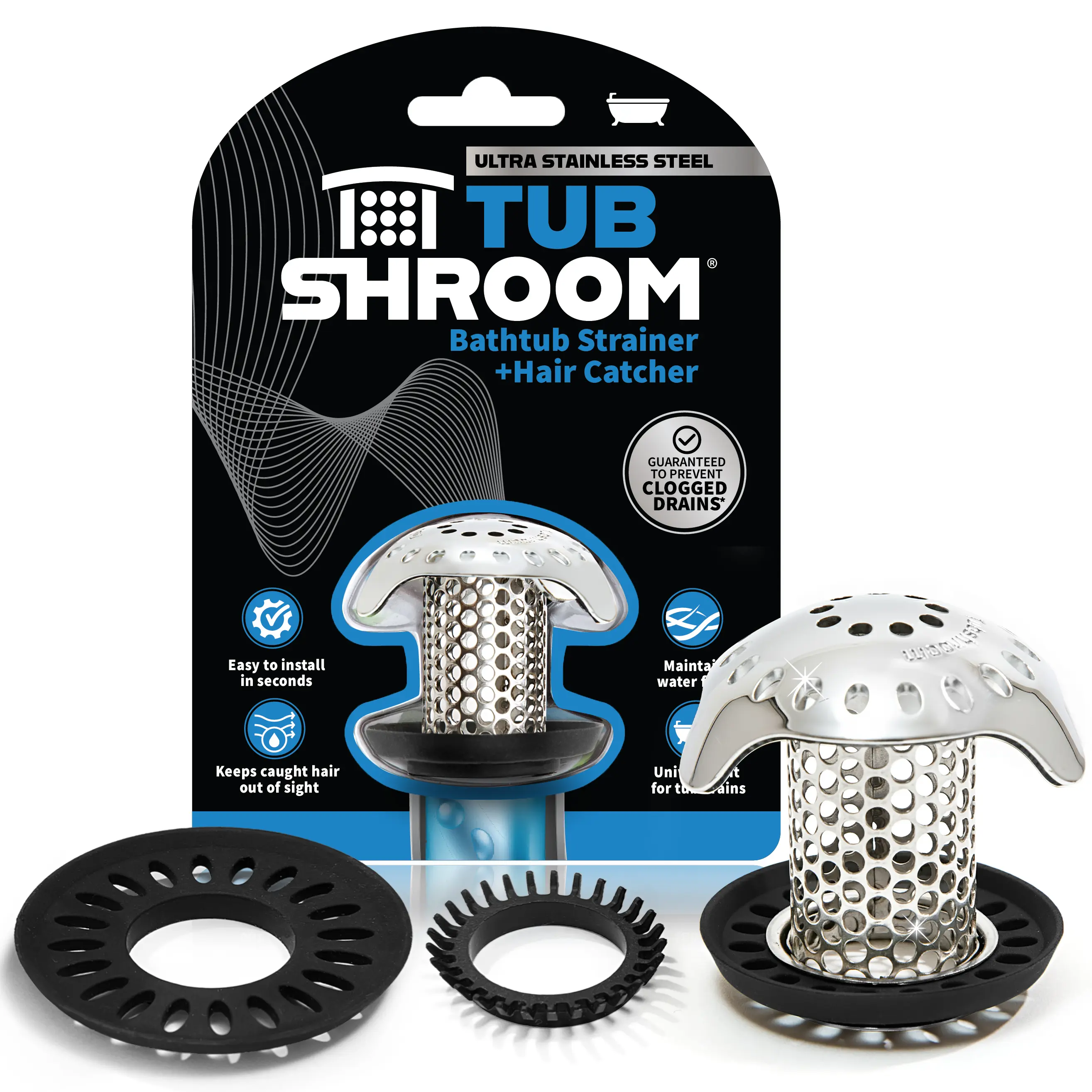 TubShroom Ultra Stainless Steel Bathtub Drain Protector Hair Catcher Strainer Snare with 2 Adapters for Standard & Larger Drains Revolutionary Bathroom Accessory
