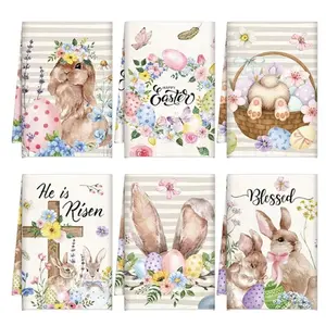 Easter Bunny Basket Floral Print Kitchen Towels, 16x24 Inch Reusable, Bathroom Decor, Home Cooking Baking Cleaning Gift