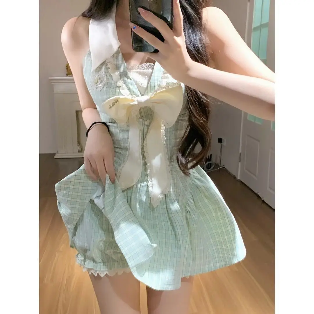 College style age-reducing lapel bow sleeveless vest dress women's summer new sweet waist plaid skirt Casual Womenswear