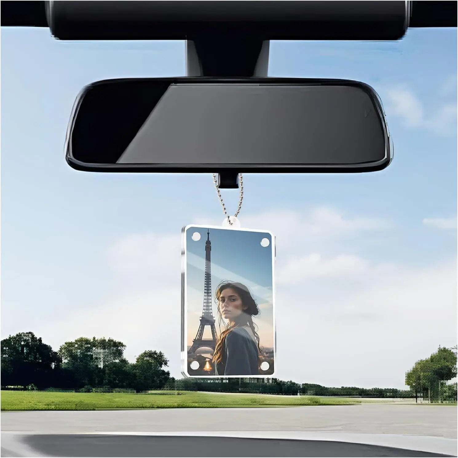 JOYTUTUS Car Picture Holder with Chain for Hanging Rearview Mirror Accessories,3.54" Magnetic Car Picture Frame Ornament to Display Photo,Personalized Cars Hanger for Couples Photo Holder