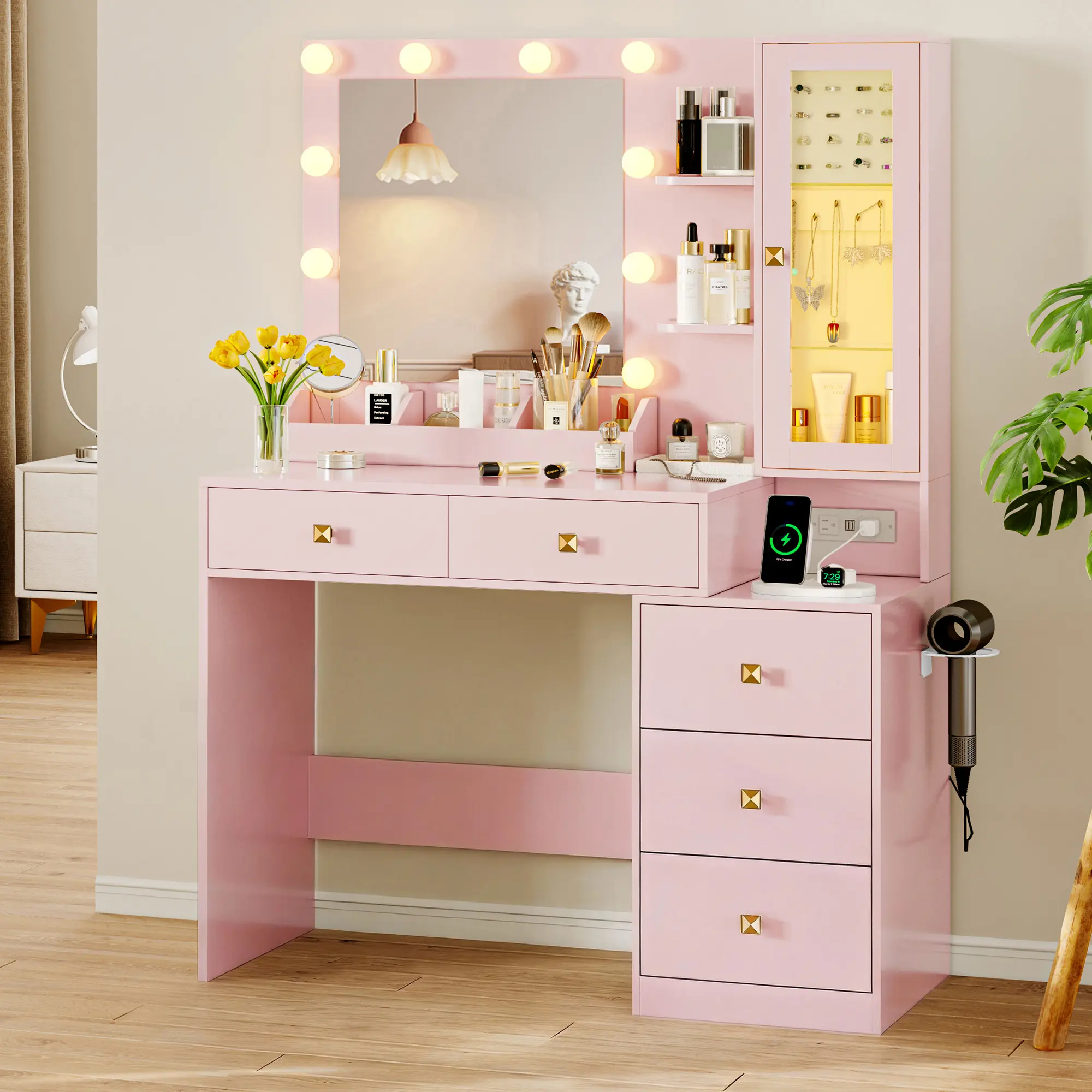 Adjustable Brightness Vanity Table with Lighted Mirror, 5 Drawers Storage Dressing Desk, Built-in Power Outlet, RGB Ambient Light & Chair for Small Bedroom fathers day gift ideas