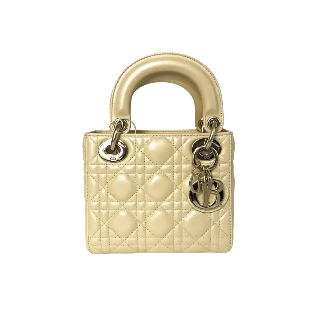 Pre-owned Dior Lambskin Shoulder Bags Christian Cream Cannage Mini Lady Handbag For Women With Silver Metal Hardware