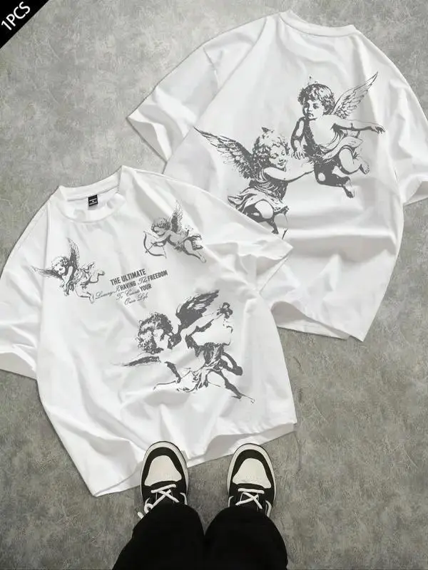 Men's T-Shirt with Vintage Cupid Angel Graphic, 100% Cotton Loose Fit Streetwear Top, Casual Short Sleeve Round Neck Tee
