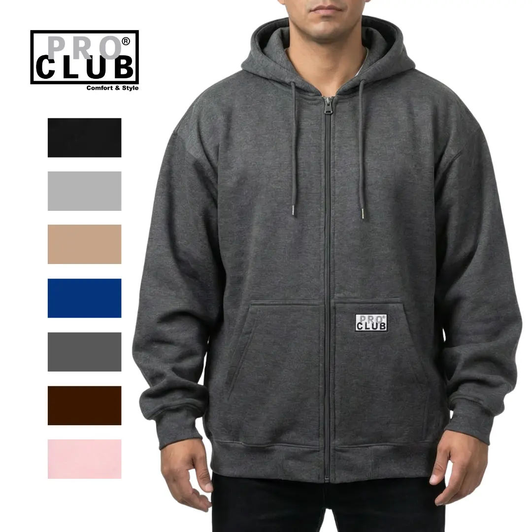 Pro Club Men's Heavyweight Zip Up Hoodie, Classic Casual Top in Soft Cotton Blend Fabric, Relaxed Fit with Pockets, Tops, Zipper, 13Oz, Basic, Drawstring, Fashion, Plain, Polyester