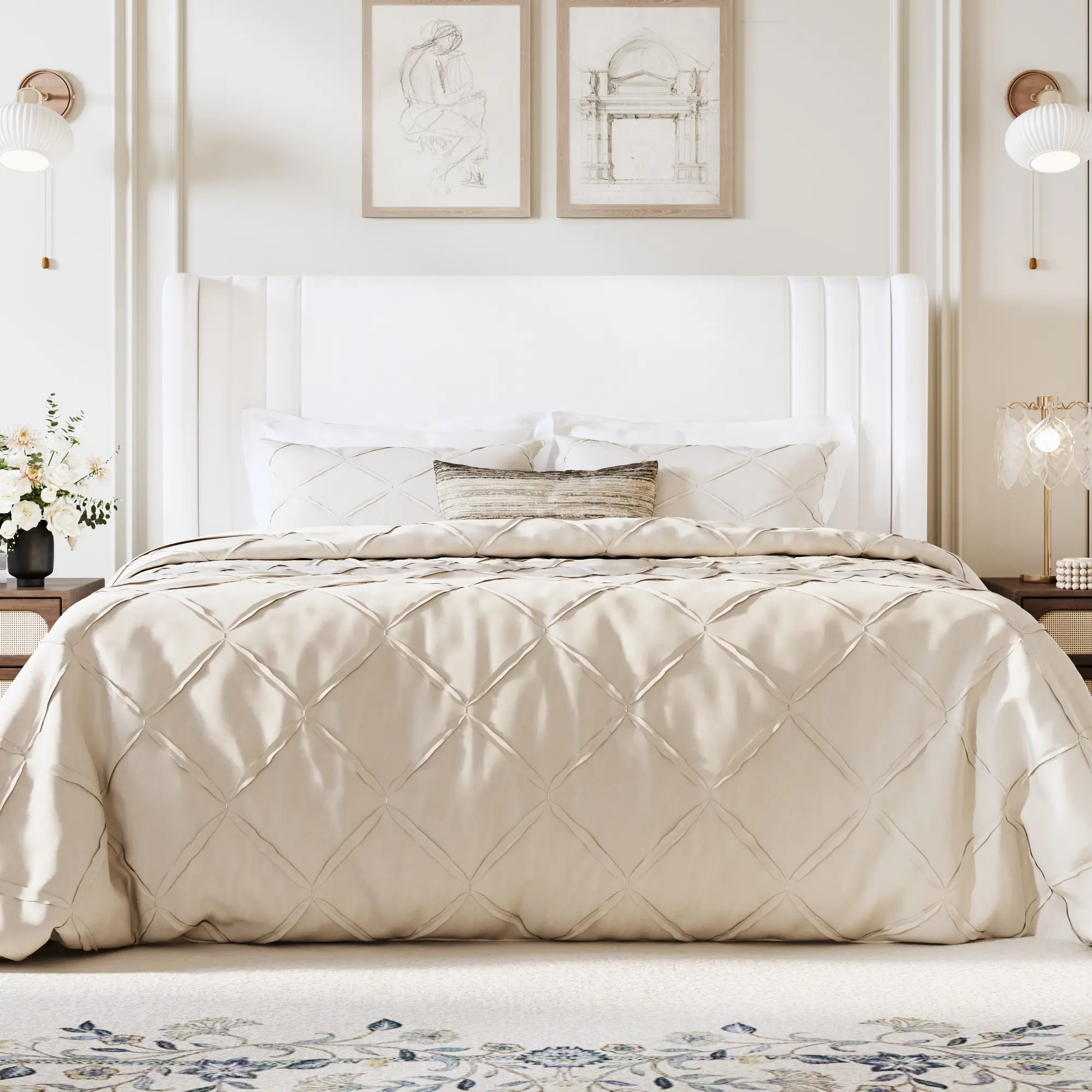 HOOMIC Upholstered Platform Bed Frame【Frame Only No Mattress】,Wingback Headboard with Vertical Stripes in Dutch Velvet,Full/Queen/King/Sizes,No Box Spring Needed,Pink/Black/White/Blue/Green/Gray#SummerVibes
