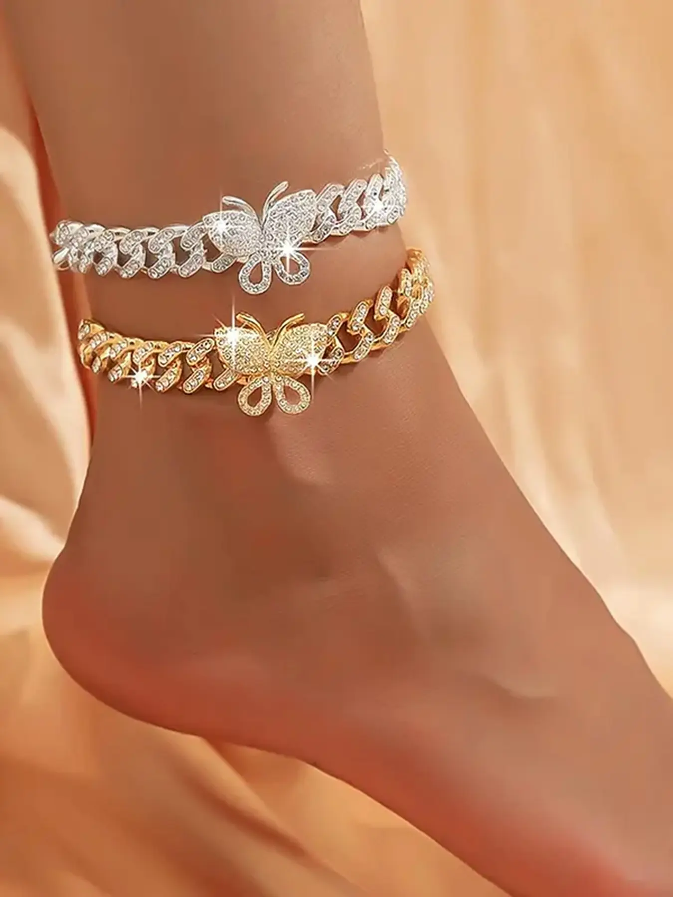 Butterfly & Tennis Theme Women's Anklet – Ankle Bracelet – Delicate Diamond-Style Anklet – 14K Gold-Plated Handcrafted Jewelry – Wedding or Beach Anklet Gift, Foot Chain Jewelry | Chunky Chain Style | Sandal Accessory