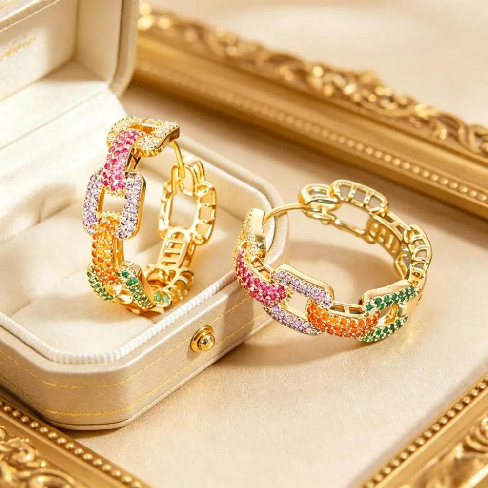 Rainbow Multi-Color  Chain Link Hoop Earrings, Earrings for Women & Men, Ideal for Earring Stacks & Earring Stacking Set, Trendy Nugget Style Drop Jewelry