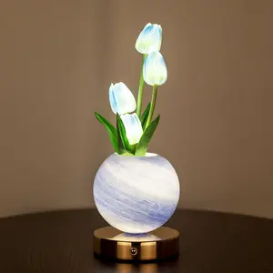 Tulip Night Light for Couples, 3D Dimmable Bedside Lamp Romantic Bedroom Decor, Unique Valentine's Gift for Her, Dreamy Planet Table Lamp