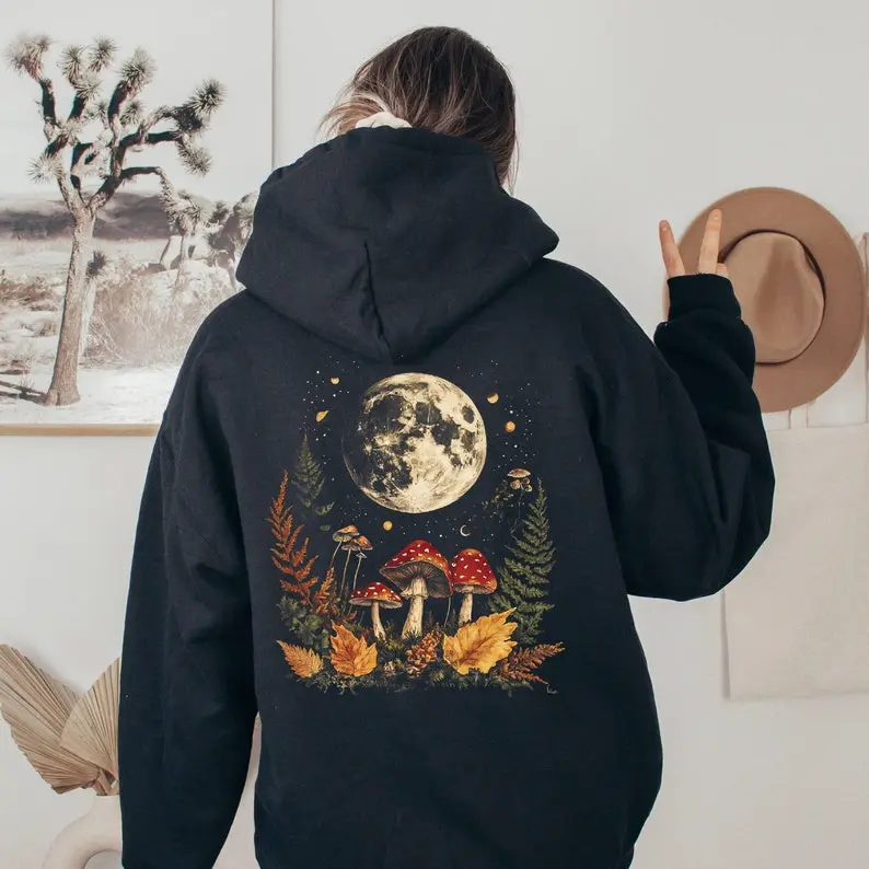 Men's Goblincore Hooded Sweatshirt - Dark Pastoral Graphic Pullover with Mushroom Moon Print, High-Quality DTF Printing, DTF Printed Relaxed Fit Long Sleeve Top, Casual All-Season Menswear, Tumble Dry, Do Not Dry Clean, All Seasons, Cold Wash