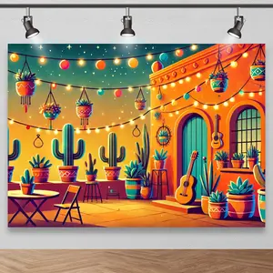 Mexican Courtyard Night Scene Photography Backdrop with Cactus, String Lights & Guitar for Themed Events and Outdoor Celebrations – Charming Warm Ambiance Polyester Background Cloth Banners White