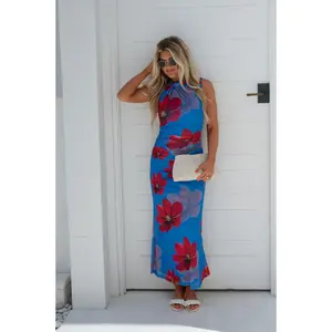 Floral High Neck Mermaid Dress-Blue
