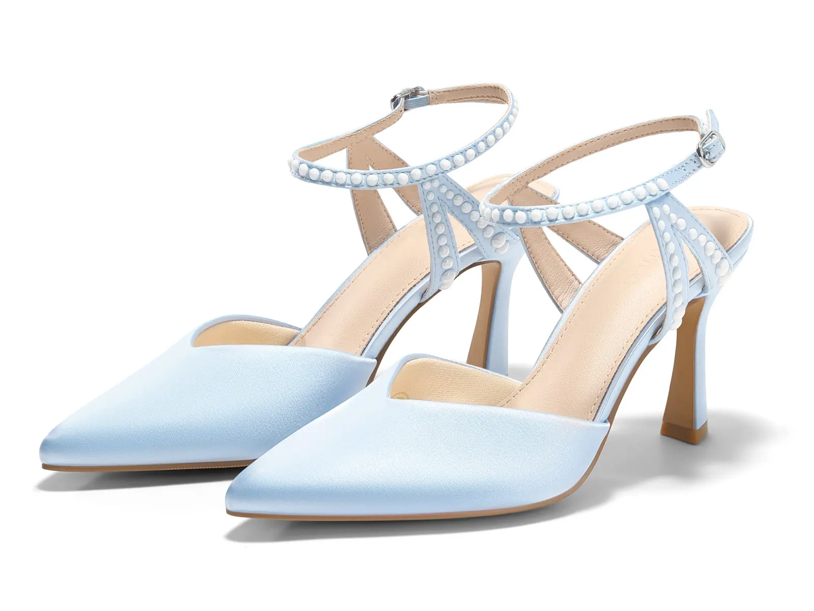 Coutgo Women's High Heels Closed Pointed Toe Satin Pumps Pearl Ankle Strap Wedding Party Dress Shoes tiktokshopbacktoschool