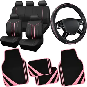 Car Seat Covers Full Set for Women Girls with Waterproof Car Floor Mats,Anti-Slip Leather Steering Wheel Cover,Universal Fit for SUVs,Vans,Trucks,Sedans,Cars (Combo Set,Black & Pink) Car Decals Girly Car Accessories