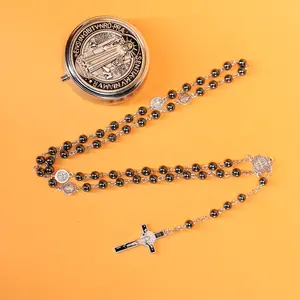 Hematite Stone Beads Necklace Metal Beaded Glory Beads Medal & Cross with Metal Gift Box 6mm Glass Pearl Prayer Beads Rosary with Center Piece Chalice for First Communion