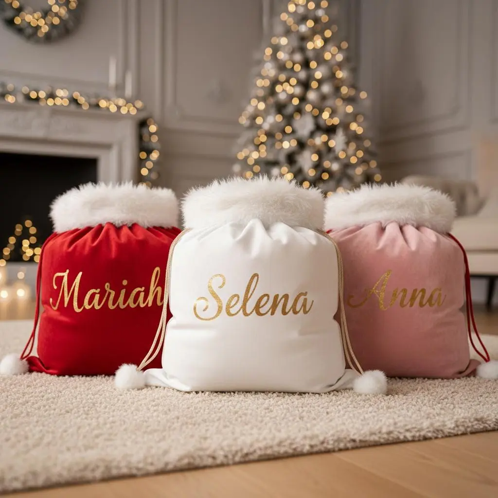 Personalized Santa Sack Christmas Gift Bag | Custom Name Holiday Bag for Kids | Pink Red White Xmas Sack | Large Velvet Gift Bag For Kids