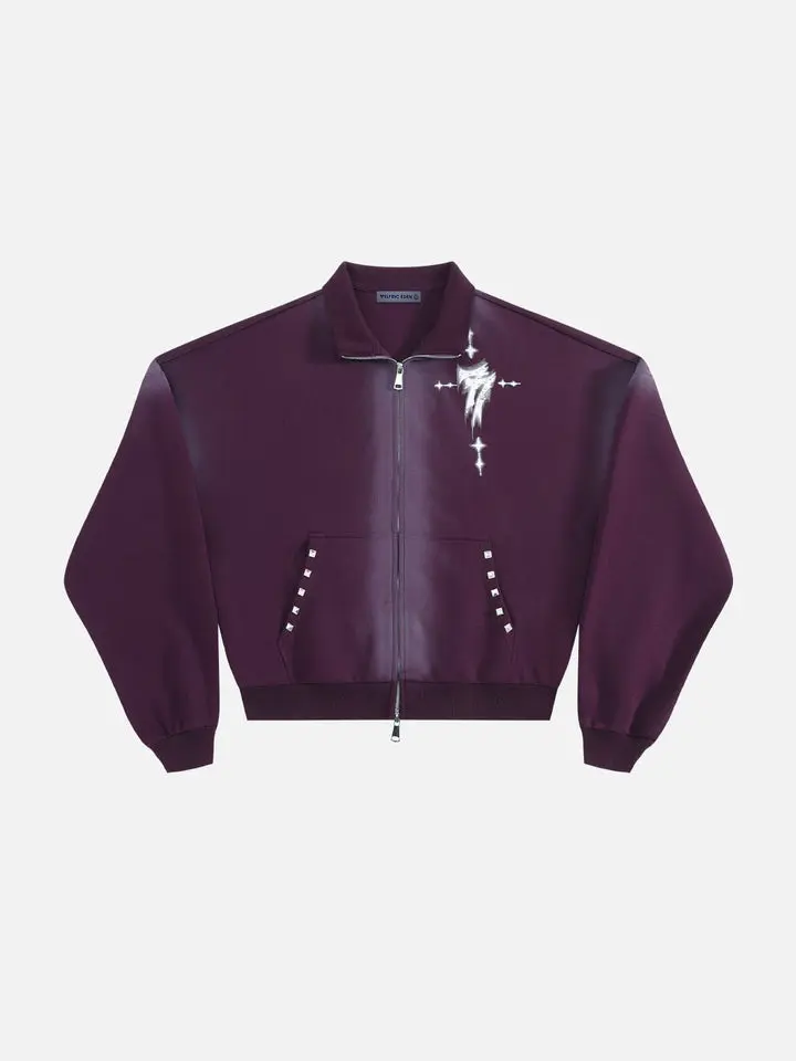 Aelfric Eden Gradient Washed Rivet Cropped Bomber Jacket Gradient Wash Finish Gothic Lightning Cross Print Pocket Rivet Detail Relaxed Boxy Cropped Silhouette Heavyweight Soft Fabric Vintage Punk Streetwear Unisex Top