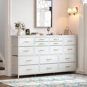 [24H-Support]Raybee TV Stand Dresser with 12/16 Drawers, Large Fabric Home Storage Organizer&Drawer Chest, Wide Entertainment Center with Charging Station & USB Ports for Living Room, Bedroom, Apartment; Modern Media Console Cabinet Tower for Home Décor