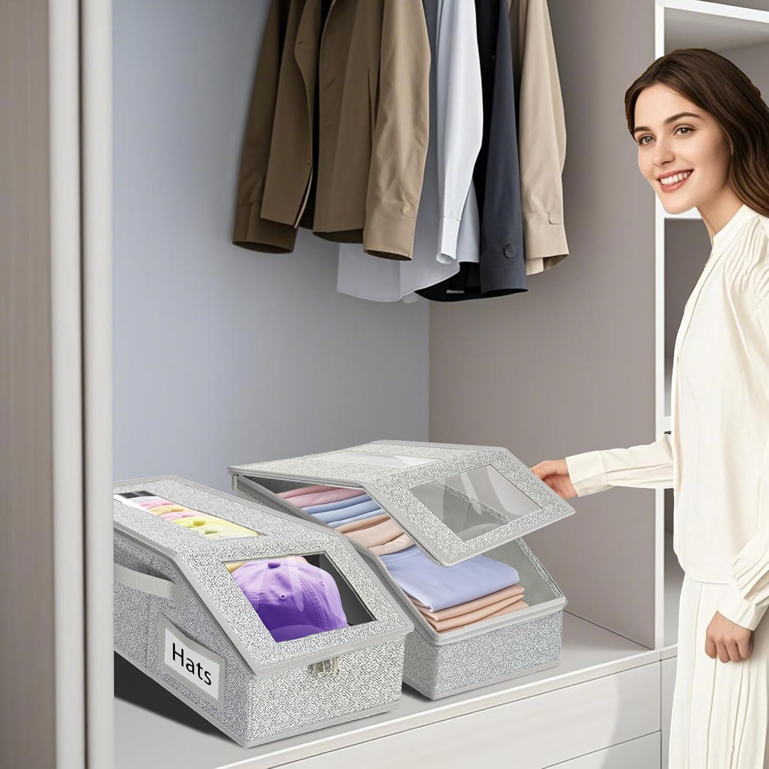 2 PCS Stackable Men/Women Baseball Hat Storage Organizer, BasketBall Cap Storage Box, 24 Hats Holds at Least - Suitable for Closet, Bedroom