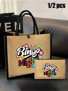 "Bingo Night" Letter Pattern Women's Handbag and Wallet Set, made of yellow linen with a black border design
