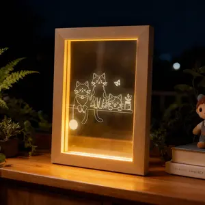 LED Night Light Picture Frame - Custom Cat Design, Acrylic Glow, 20cm Home Decor, Warm Gift for Her, USB Powered