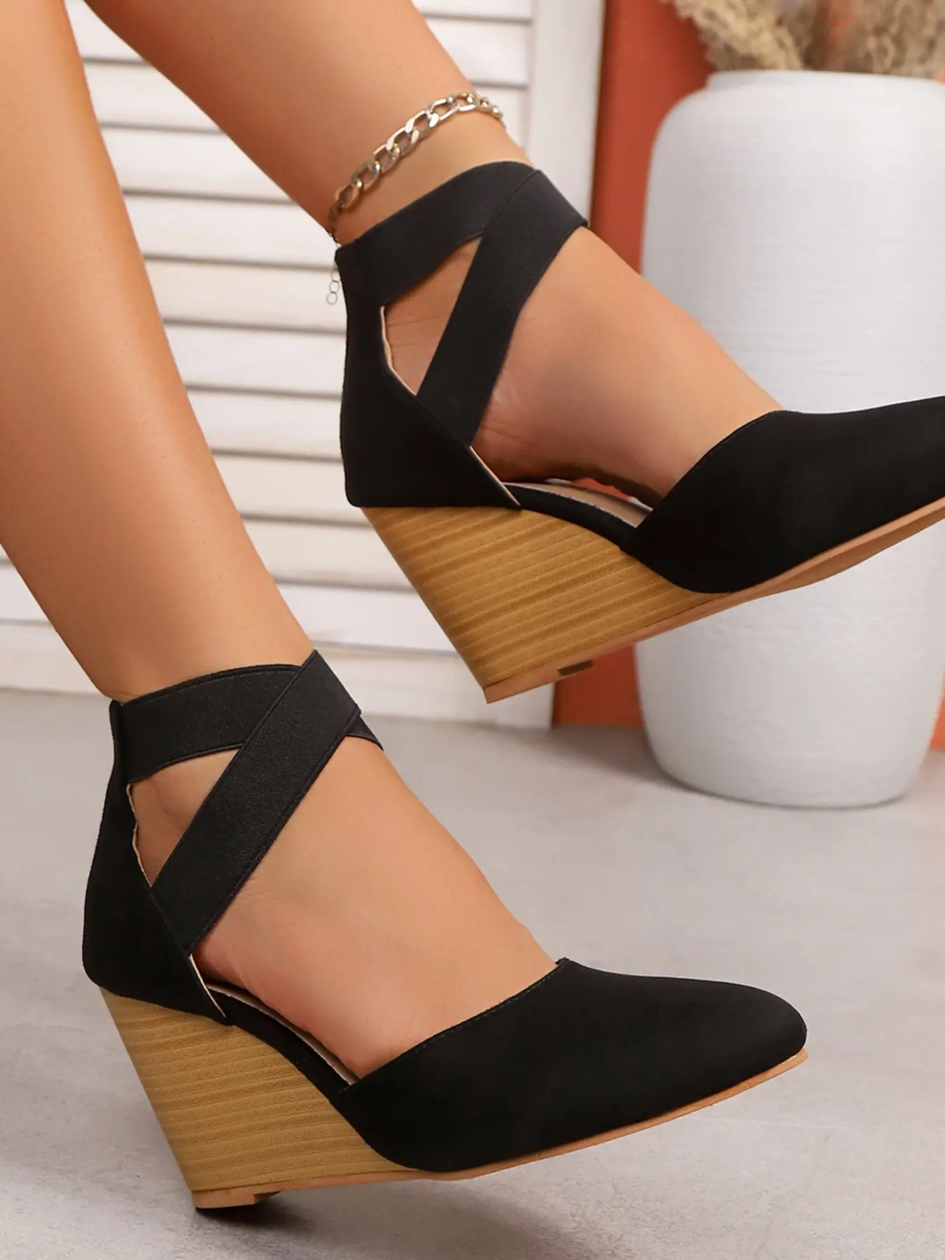 Women's Pointed Toe Wedge Shoes, Elastic Ankle Strap Wedge Shoes, Velour Commuter Shoes, Casual Office Ready High Heel Shoes, Elegant, Classy, Stylish, Fashion High Heel, High Heels Shoes, Dressy Shoes