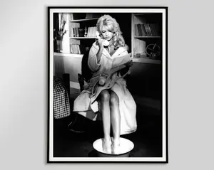 Brigitte Bardot on Telephone Poster, Black and White, Vintage Print, Fashion Photography, Teen Girl Room