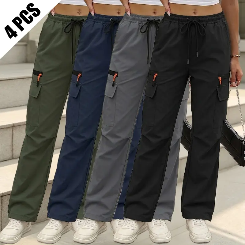 Women’s casual cargo pants set of 4, featuring pockets and drawstring design, solid color, soft and comfortable, polyester–spandex blend fabric, suitable for everyday wear, all-season wear, versatile and stylish.