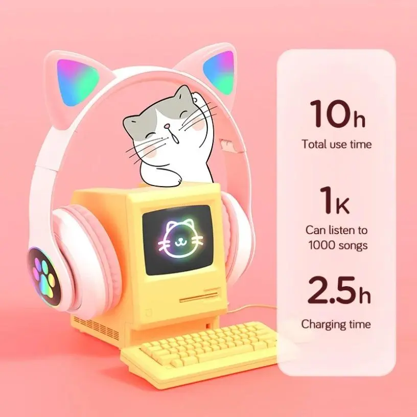 Cute Cat Ears Foldable Bluetooth 5.0 Stereo Headphone with Mic, Flash Lamp, TF Card Support, Rainbow Audio, Rechargeable Charging, Adjustable Fit, MP3 Playback, Phone/Devices Compatibility, USB Wired Connection - Wireless Watch Party Gift for Girls, 360Ma