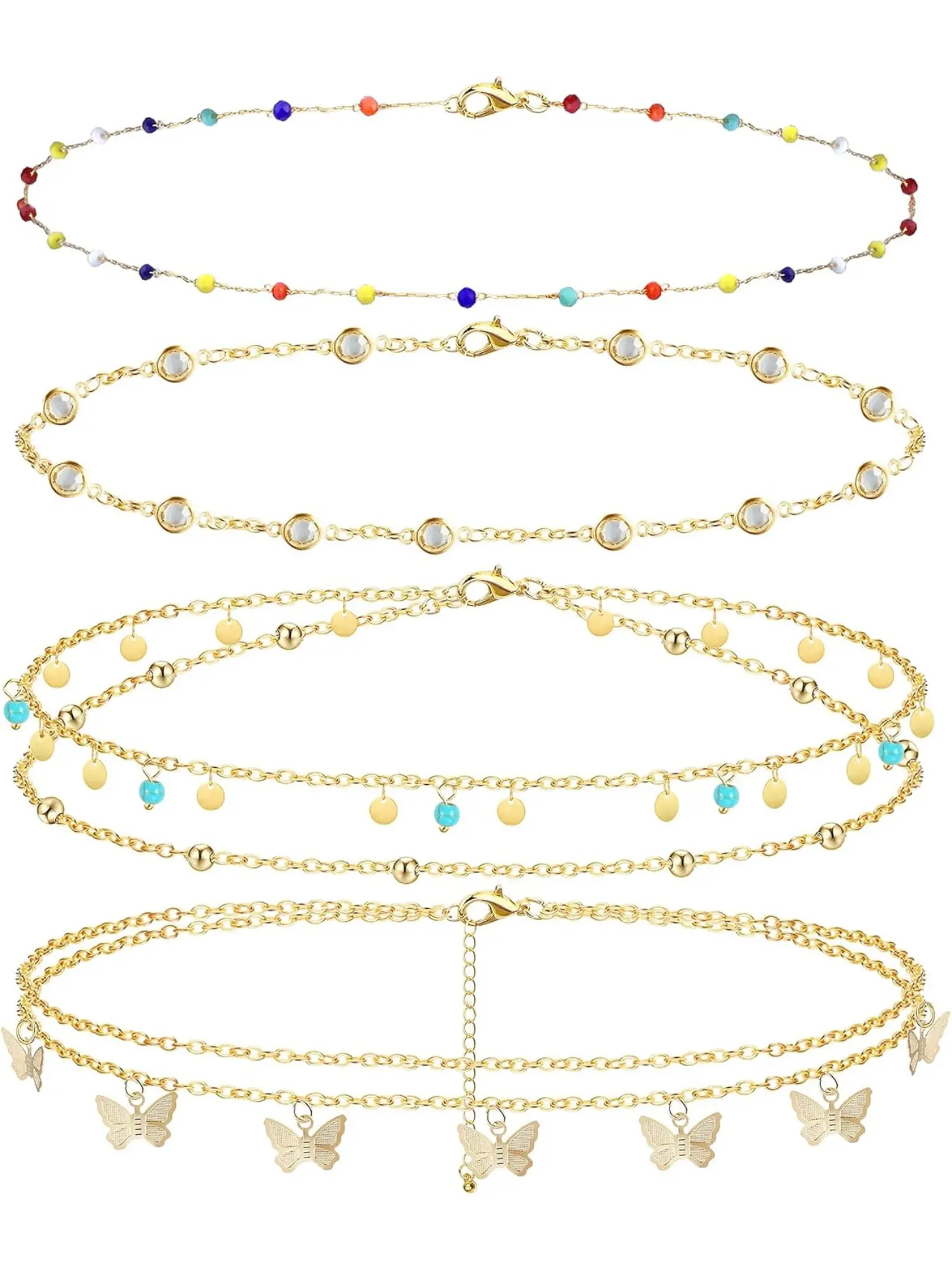 4PCS Gold Plated Belly Waist Chain Set Layered Body Chains for Women Girls Butterfly Bead Pendant Summer Beach Waist Sexy Bikini Belly Chains Belt Adjustable Beach Body Jewellry Body Jewelry