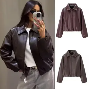 Faux Leather Jacket Top, Women's Fashionable Casual High-End Coat with Oversized Puff Sleeve Pockets and Zipper, Suitable for Autumn and Winter Wear, Street Style for Female Jackets for Women Chic Fit New Loose CasuCCasuSuFloral Print Cowarm winter jacket