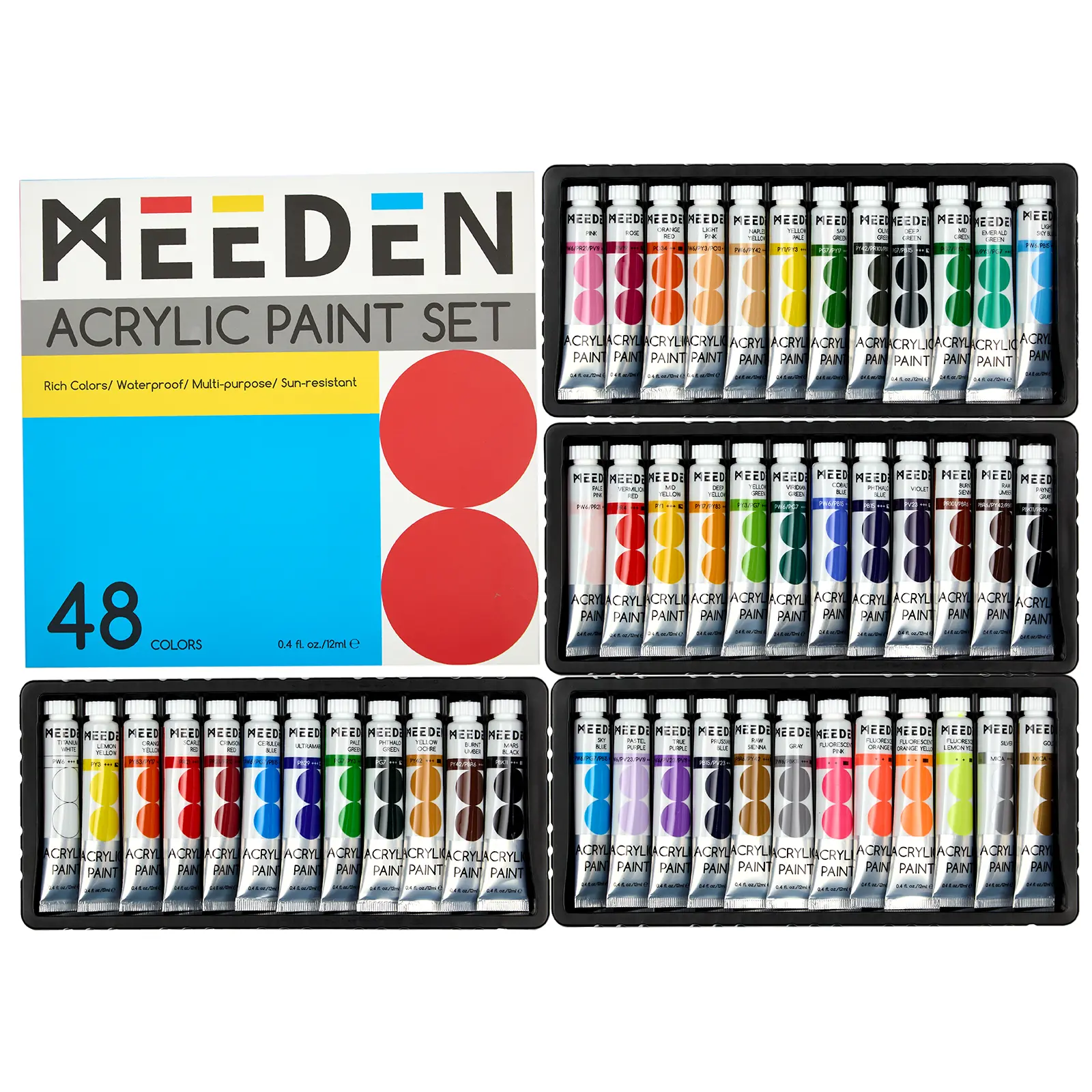MEEDEN Beginners Acrylic Paint Set: 48 Colors 12ml/0.41 fl oz Heavy Body Starter Set - Non-toxic Rich Pigments Art Paint for Kids Adults Hobbists Painting on Canvas Wood Fabric Craft