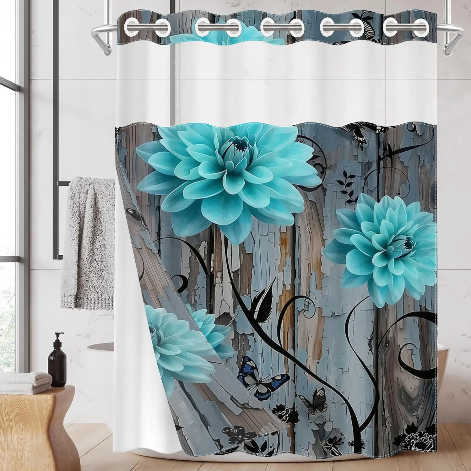 1PC/4PCS 2D Flat Printing Blue Flowers, Butterflies on Wood Grain Background Patterned Removable Aesthetic shower curtain, home Restroom bathroom decor, shower curtain set with 12 hooks, non-slip bathroom rug, U-shaped toilet seat cover, toilet seat mat