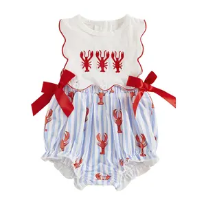 Baby Girl Crawfish Smocked Bubble Rompers Lobster Embroidery Ruffle Striped Onesies Bodysuit Cute Newborn Summer Clothes