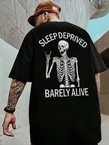Men's Regular Fit Graphic Letter & Skeleton Print Drop Shoulder Tee, Streetwear Fashion Casual Soft Comfy Round Neck Short Sleeve T-Shirt For Daily Wear, Menswear, Top