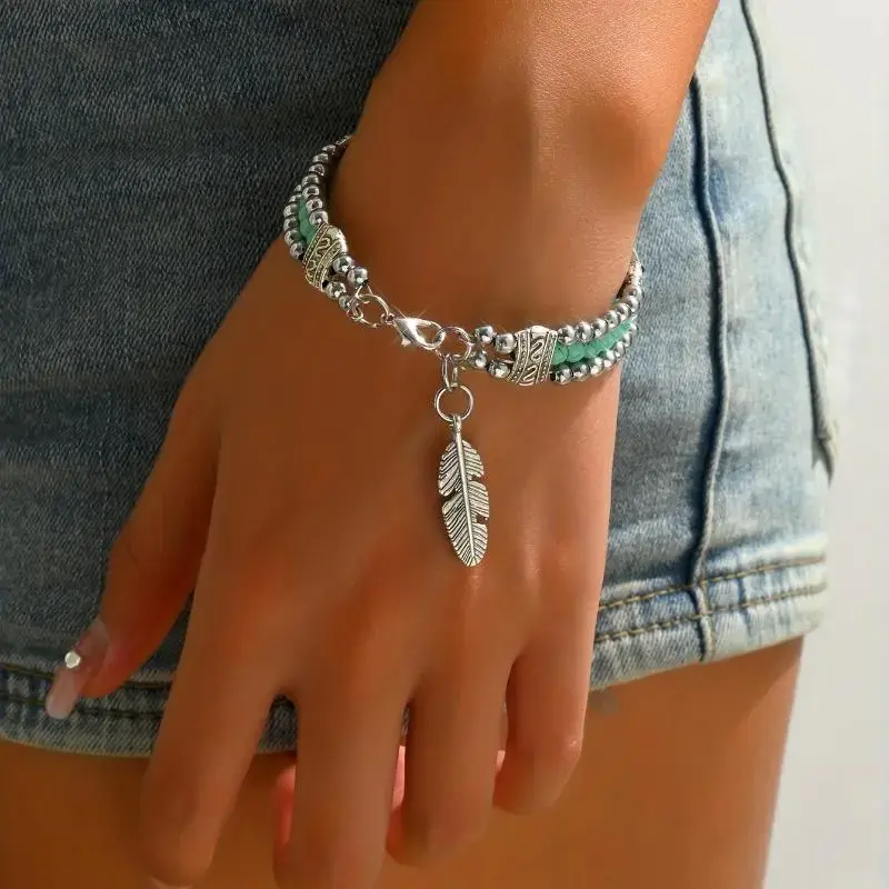Turquoise Beaded Double Row Antique Geometric Carved Feather Boho Retro Holiday Style Bracelet All Fit Mosaic Material