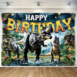 1pc 2D Flat Dinosaur Themed Happy Birthday Banner - Polyester Fabric Party Backdrop with T Rex Cartoon Elements for Entryway, Room, Garden Decoration, General Use, Carnival Theme, No Electricity