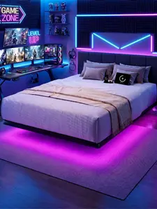 【CategorySelect】ONBRILL LED Floating Bed Frame, Queen Size Bed Frame with USB & AC Power Outlet, Metal Platform Bed Frame, No Box Spring Needed, No Noise, Easy Assembly, Bedroom Furniture, Stylish Furniture