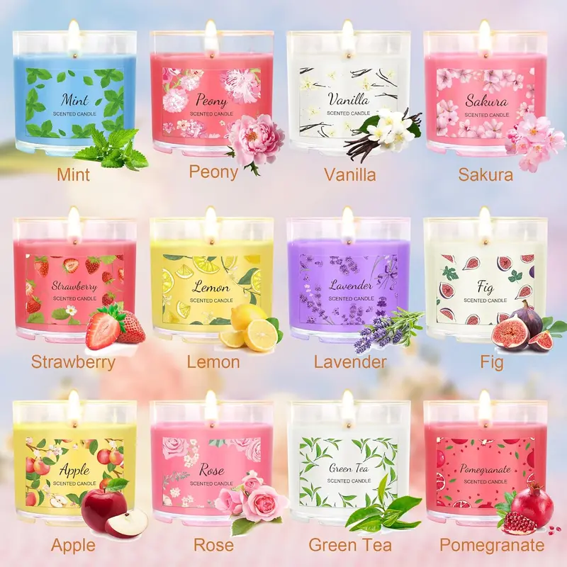 12-Piece Acrylic Candle Set (2.5oz, Cotton Wick) - Scented Soy Aroma Candles Pack for Home Decoration, Women's Room Gift, Valentine's Day Bridesmaid Gift Set