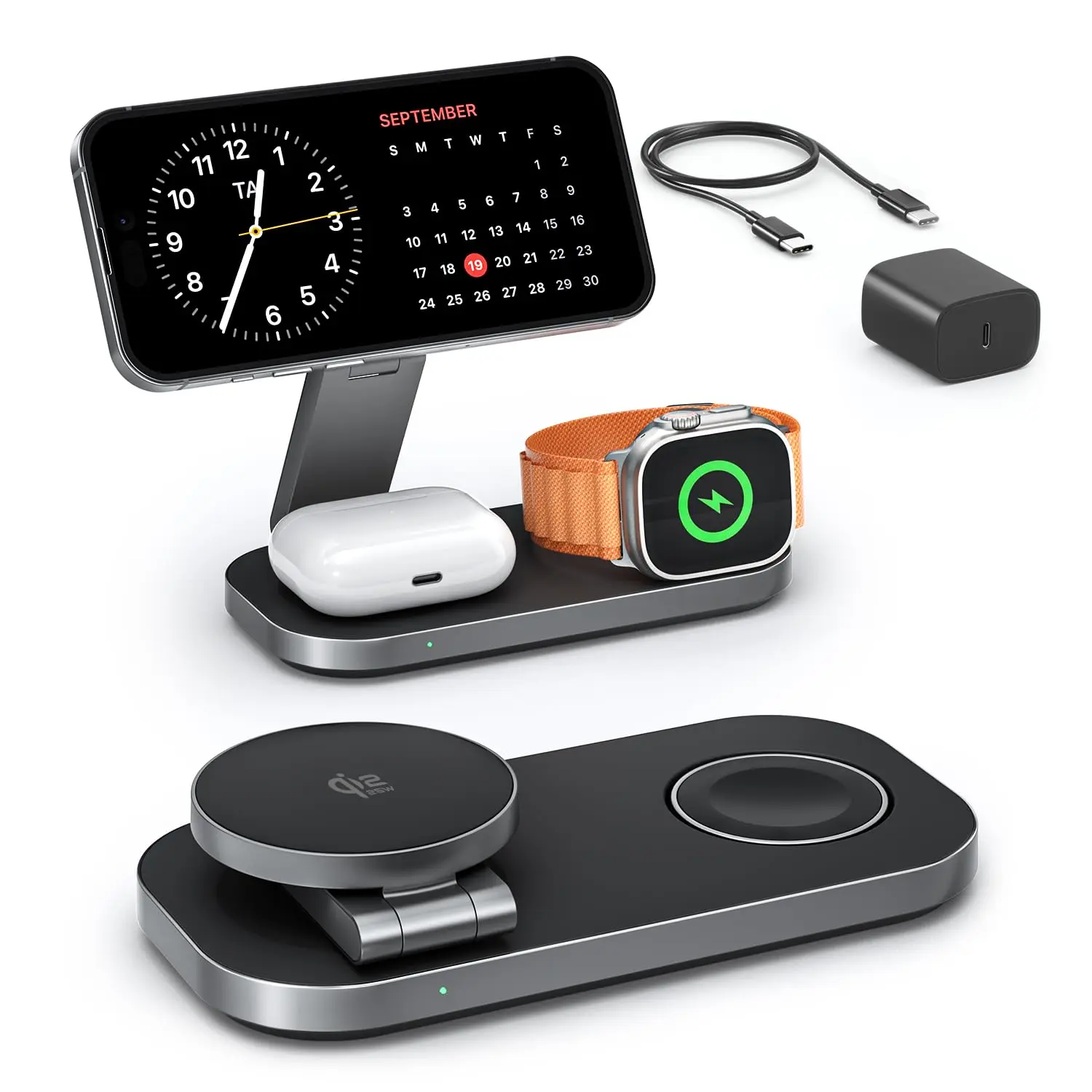 3-in-1 Charging Station for Apple Device, Qi2 25W Certified Magnetic Wireless Foldable Fast Charger Stand Compatible with MagSafe for iPhone 17e/17/16/15/14/13/12/Air Series, Apple Watch & AirPods
