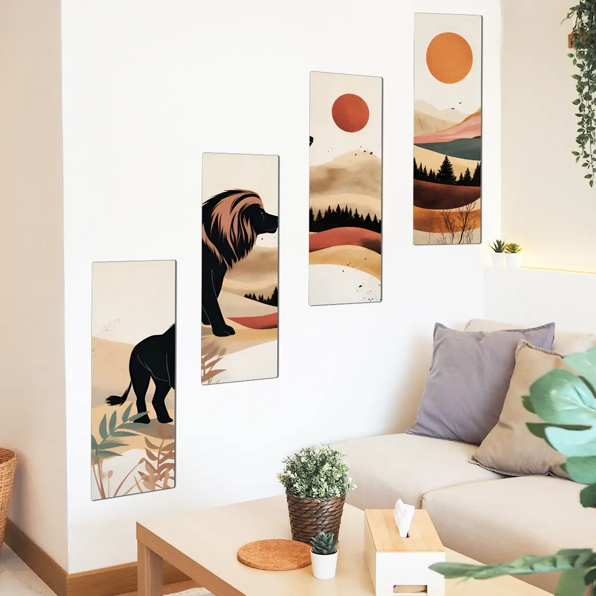 A set of four-panel wall stickers featuring lions, mountains, rivers, and sunsets. Suitable for bedroom and living room background walls. Home decoration stickers, self-adhesive, model ATW9009-YJ, Wall Art Stickers