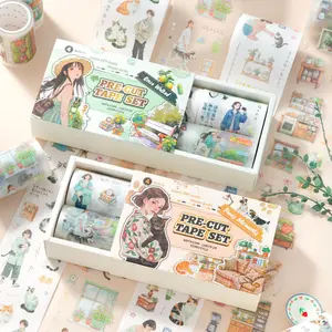 2 styles, 1 with 4 rolls of 8m character lifestyle tape featuring retro characters, scenes, animals, and floral themes 2 rolls of washi tape and 2 rolls of PET, dual material for each style, retro design for DIY planners and scrapbook decoration.