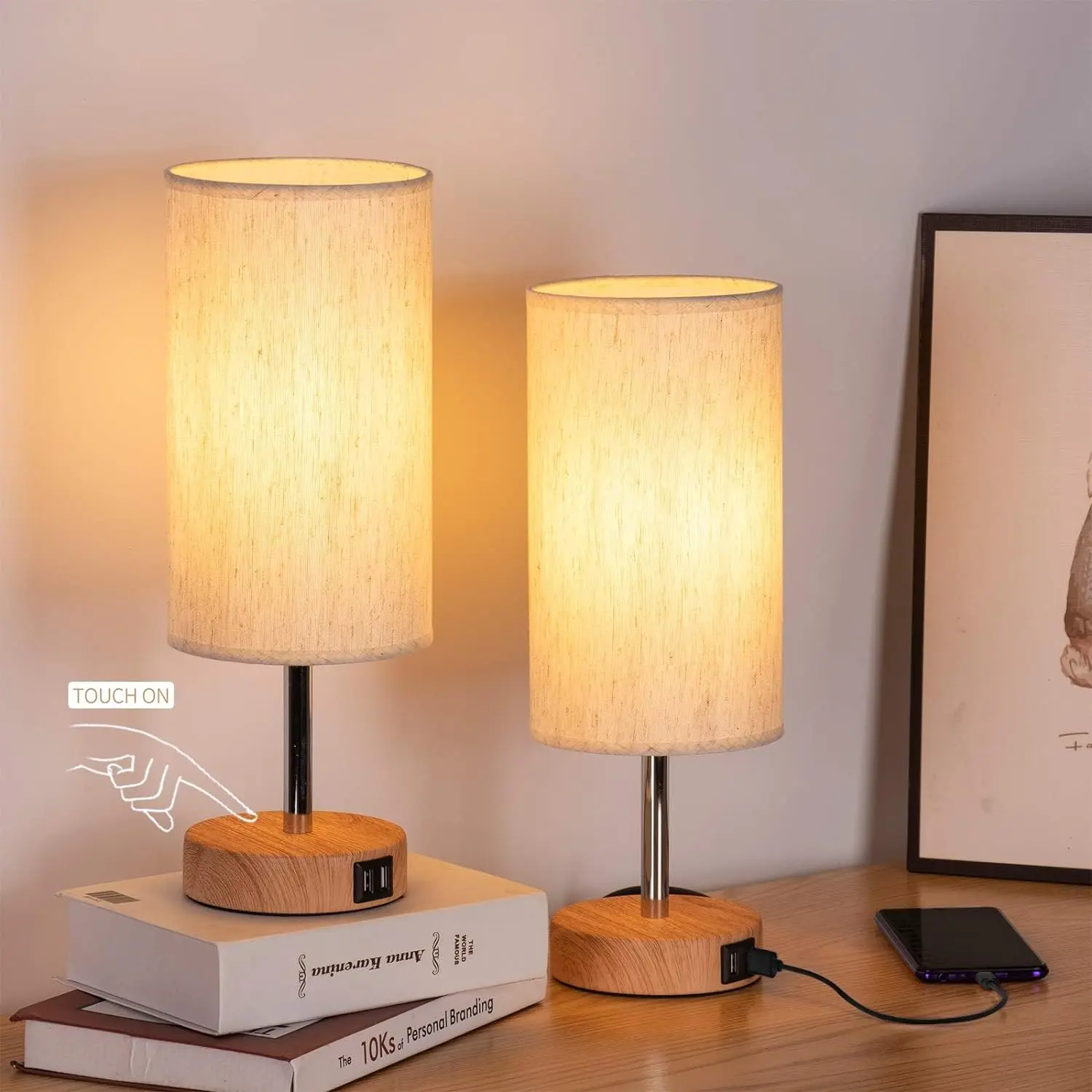 Bedside Lamps with USB Port - Touch Control Table Lamp for Bedroom Wood 3 Way Dimmable Nightstand Lamp Set of 2 with Round Flaxen Fabric Shade for Living Room, Dorm, Home Office (2 Pack) nightstand lamp lamps Decorative Lighting Modes Adjustable tiktoksho